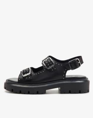 OFF THE HOOK BOSTON triple strap western leather chunky sandals in black