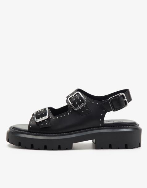 OFF THE HOOK BOSTON triple strap western leather chunky sandals in black - view 1