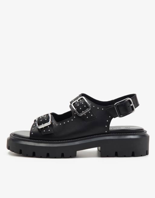 OFF THE HOOK BOSTON triple strap western leather chunky sandals in black 
