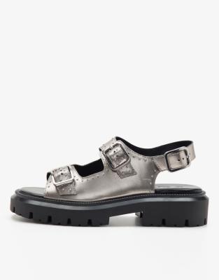 Thumbnail - Off The Hook - Boston - Western-Ledersandalen in Silber mit drei Riemen und dicker Sohle