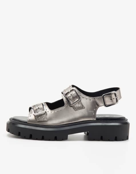 Off The Hook – Boston – Western-Ledersandalen in Silber mit drei Riemen und dicker Sohle - view 1