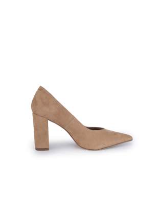  Brandy suede leather pointed toe block heel pumps in beige
