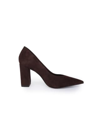  Brandy suede leather pointed toe block heel pumps in dark brown