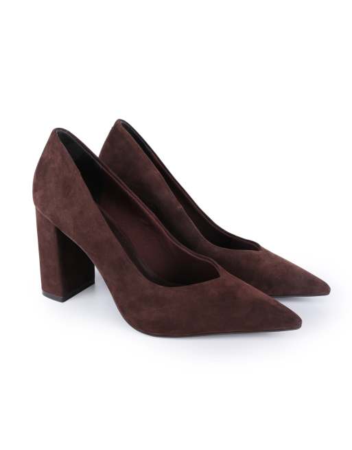 Off The Hook Brandy suede leather pointed toe block heel pumps in dark brown, 2 of 4