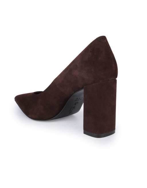 Off The Hook Brandy suede leather pointed toe block heel pumps in dark brown, 3 of 4