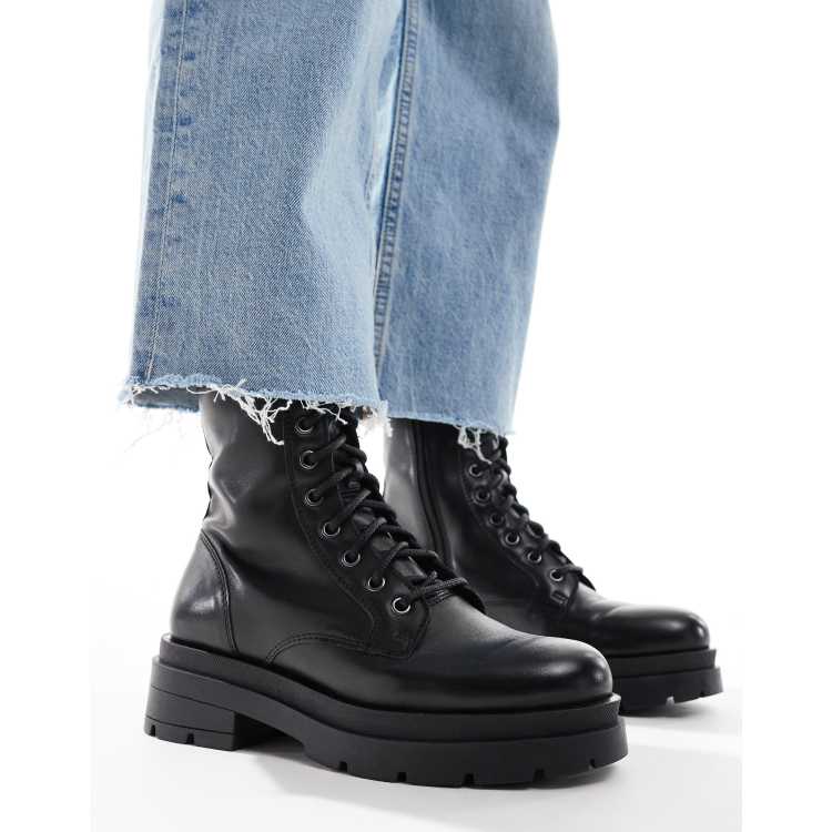 Off The Hook camden biker leather lace ups high boots in black ASOS