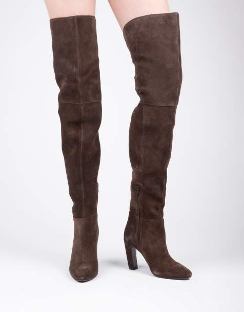 Off The Hook Carmen over-the-knee boots with block heel and back lace detail in brown - view 1