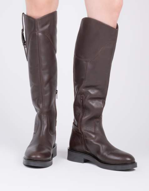 Off The Hook Carnaby leather knee-high riding boots with buckle strap and side zip in brown - view 1