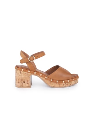  Cleo leather studded cork platform block heel sandals in tan