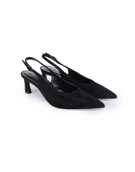 Off The Hook Danni suede pointed toe slingback kitten heel pumps in black, 2 of 4