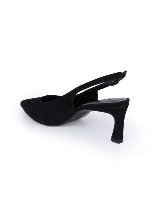Off The Hook Danni suede pointed toe slingback kitten heel pumps in black, 3 of 4