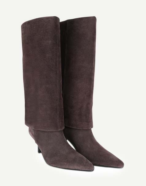 Off The Hook Electra suede fold-over knee-high stiletto boots in brown suede - view 1