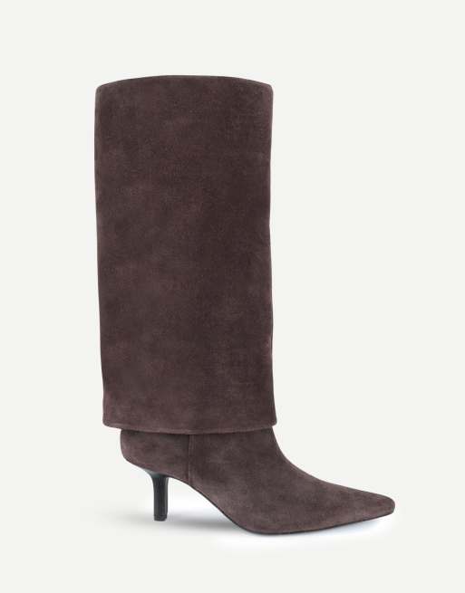 Off The Hook Electra suede fold-over knee-high stiletto boots in brown suede, 2 of 6