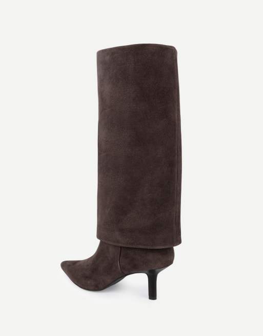 Off The Hook Electra suede fold-over knee-high stiletto boots in brown suede, 3 of 6