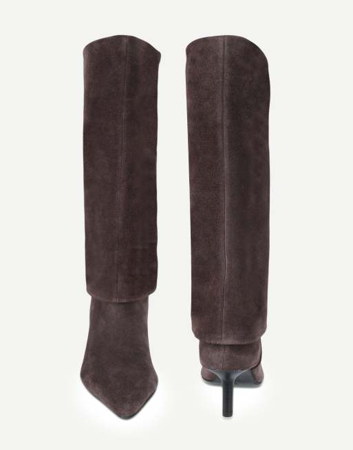 Off The Hook Electra suede fold-over knee-high stiletto boots in brown suede, 4 of 6