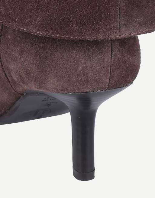 Off The Hook Electra suede fold-over knee-high stiletto boots in brown suede, 5 of 6