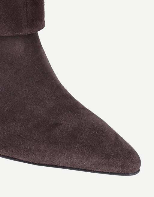 Off The Hook Electra suede fold-over knee-high stiletto boots in brown suede, 6 of 6