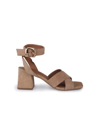  Faith suede leather cross strap block heel sandals in beige