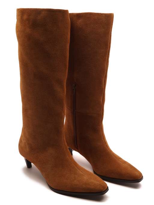 Off The Hook Fern suede leather knee-high kitten heel boots in cognac, 2 of 4