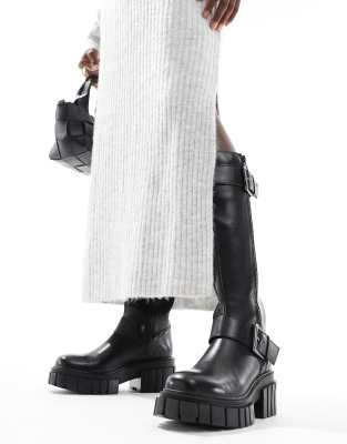 Off The Hook finchley high leg buckle strap leather zip biker boots in black