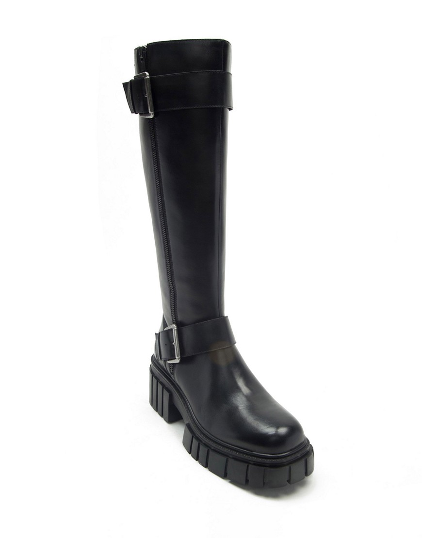Off The Hook finchley high leg buckle strap leather zip biker boots in black