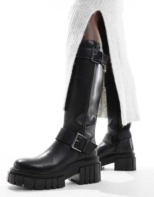 Off The Hook finchley high leg buckle strap leather zip biker boots in black, 2 of 4
