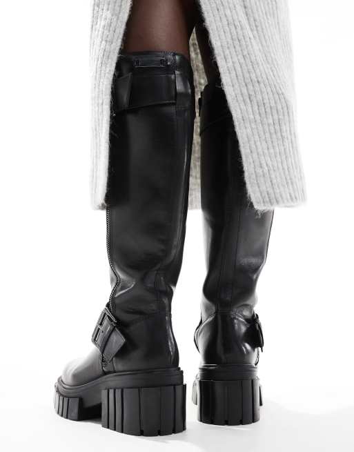 Off The Hook finchley high leg buckle strap leather zip biker boots in black, 3 of 4