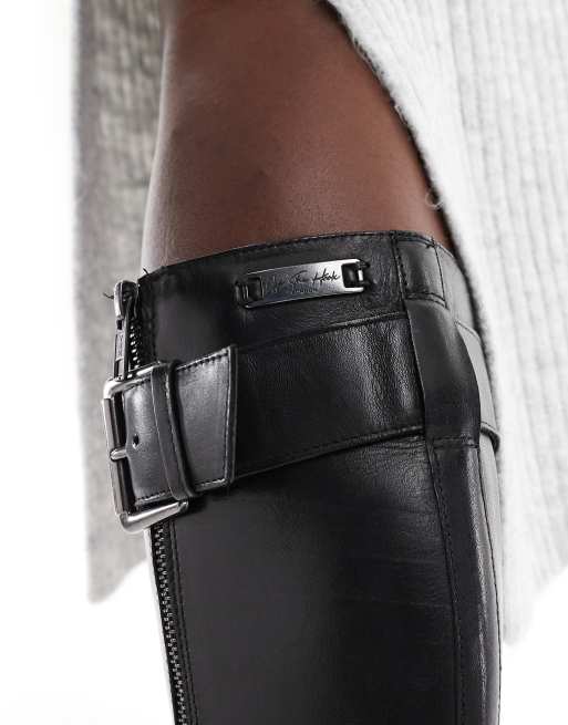 Off The Hook finchley high leg buckle strap leather zip biker boots in black, 4 of 4