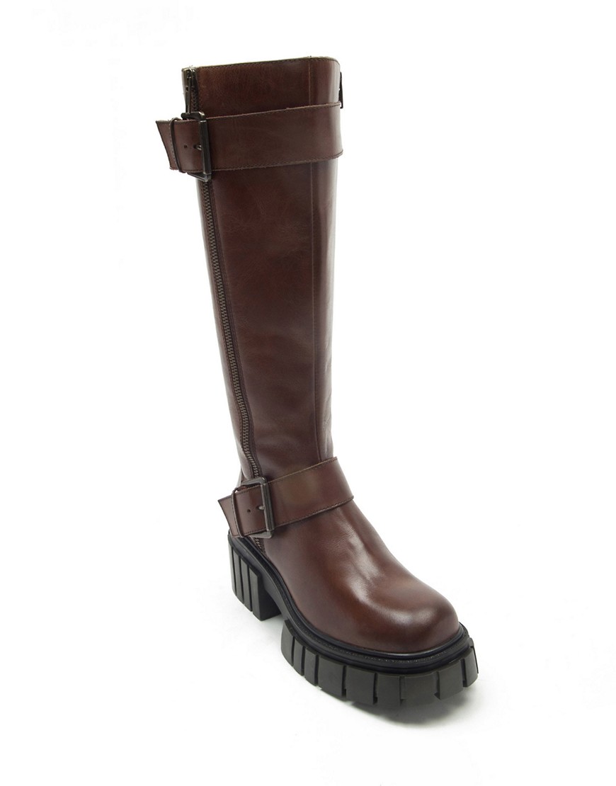 Off The Hook finchley high leg buckle strap leather zip biker boots in brown