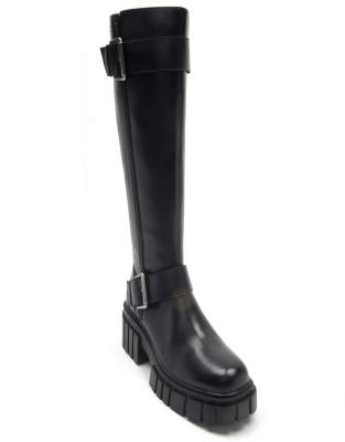 Off The Hook - Finchley - Lederstiefel in Schwarz mit hohem Schaft, Schnallenriemen und Reißverschluss