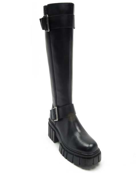 Off The Hook – Finchley – Lederstiefel in Schwarz mit hohem Schaft, Schnallenriemen und Reißverschluss - view 1