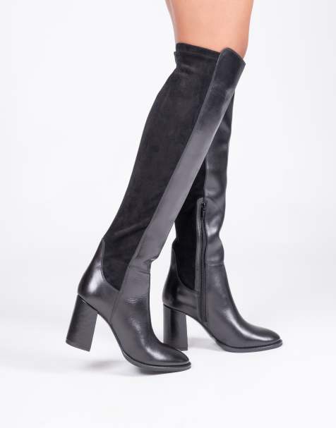 Off The Hook Halle over-the-knee leather boot with block heel and inner side zip in black - view 1