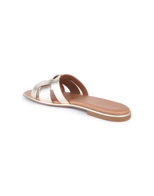 Off The Hook Heath leather slip on flat sandals in gold, 3 of 4