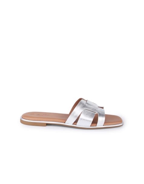 Off The Hook Heath leather slip on flat sandals in silver - view 1
