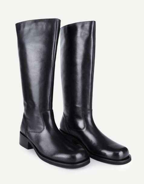 Off The Hook Helia leather block heel knee high boots in black - view 1