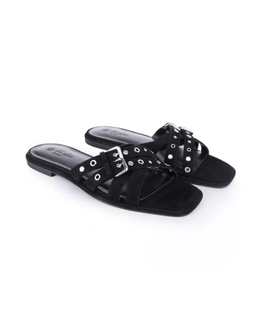 Off The Hook Isla suede leather eyelet strappy flat sandals in black, 2 of 4