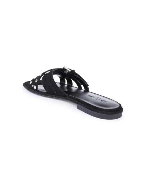 Off The Hook Isla suede leather eyelet strappy flat sandals in black, 3 of 4
