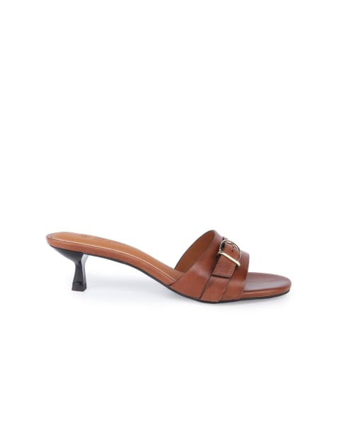 Off The Hook Jackie leather kitten heel mule sandals with buckle detail in cognac - view 1