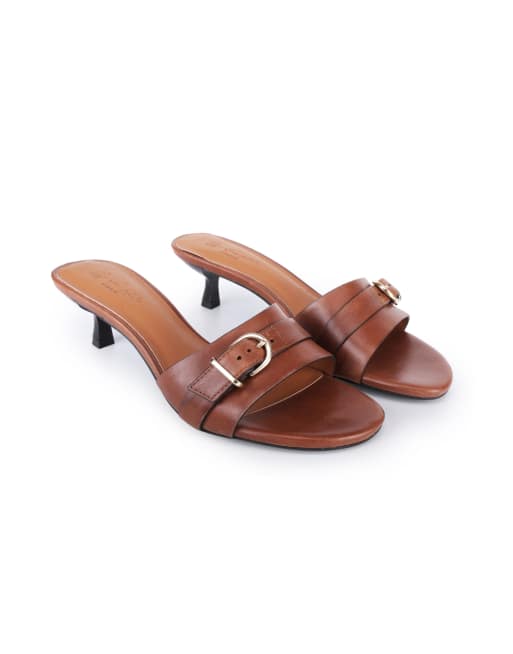 Off The Hook Jackie leather kitten heel mule sandals with buckle detail in cognac, 2 of 4