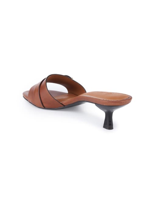 Off The Hook Jackie leather kitten heel mule sandals with buckle detail in cognac, 3 of 4