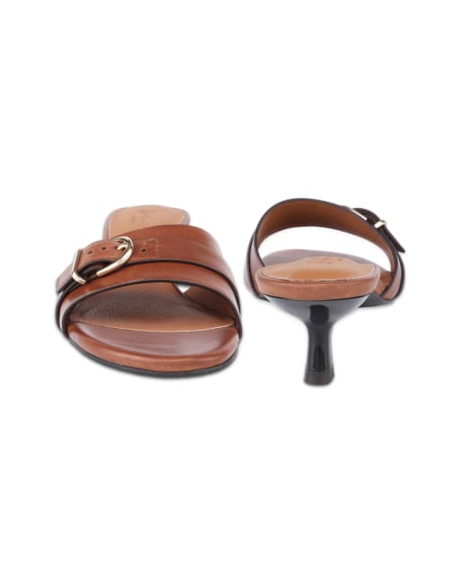 Off The Hook Jackie leather kitten heel mule sandals with buckle detail in cognac, 4 of 4