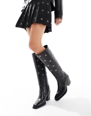 Off The Hook 'jesmond' anitonia leather black block heel knee boots in black