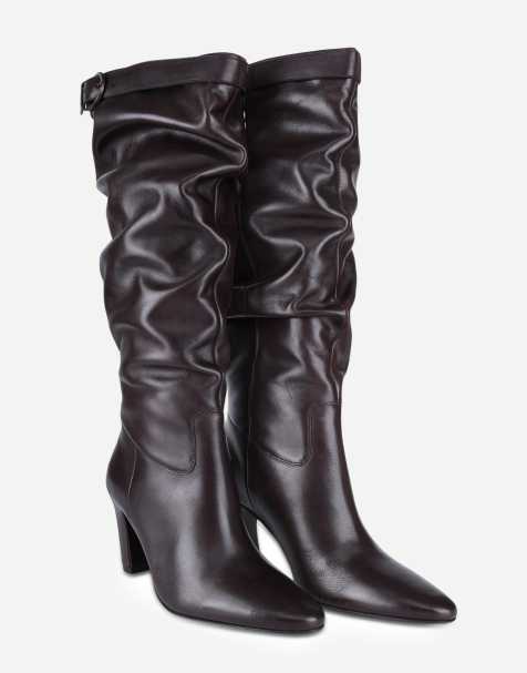 Off The Hook Juno leather slouchy knee-high boots with buckle detail in brown - view 1