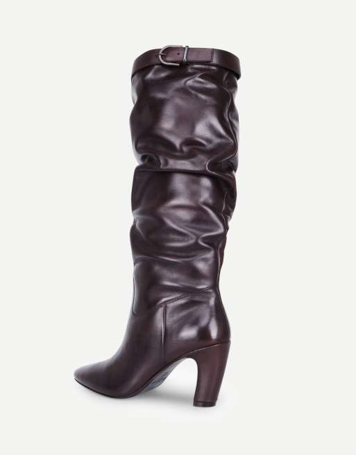 Off The Hook Juno leather slouchy knee-high boots with buckle detail in brown, 3 of 6