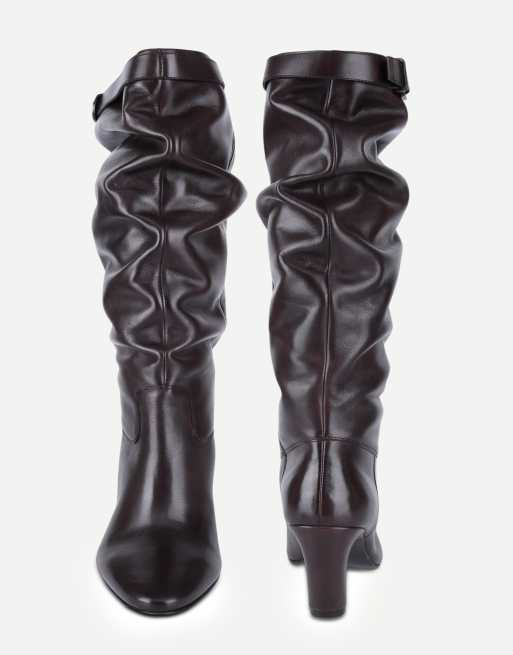 Off The Hook Juno leather slouchy knee-high boots with buckle detail in brown, 4 of 6