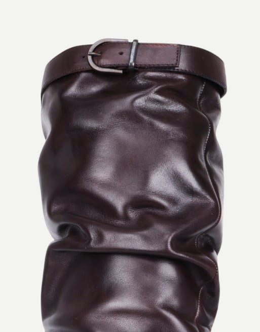 Off The Hook Juno leather slouchy knee-high boots with buckle detail in brown, 6 of 6