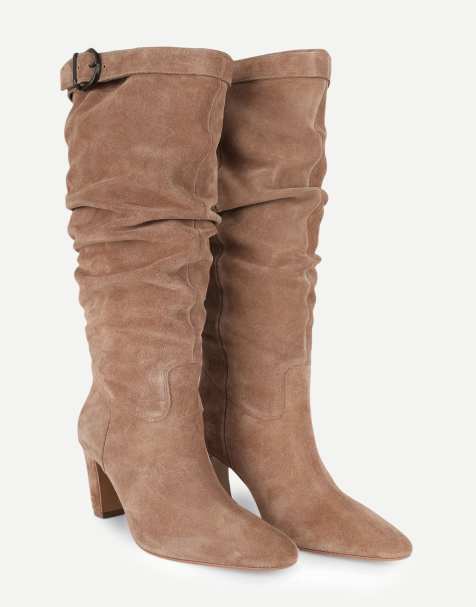 Off The Hook Juno suede slouchy knee-high boots with buckle detail in taupe suede - view 1