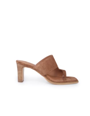  Karla suede leather toe loop block heel mule sandals in cognac