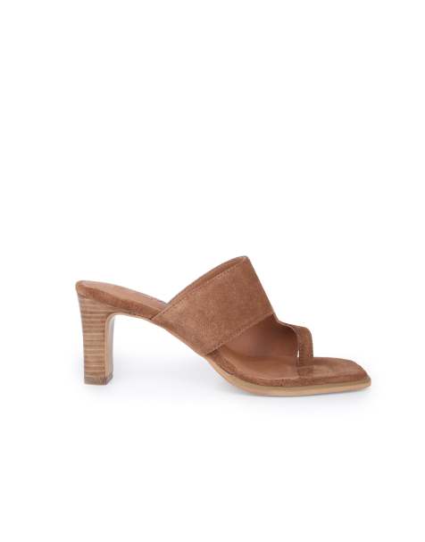 Off The Hook Karla suede leather toe loop block heel mule sandals in cognac - view 1