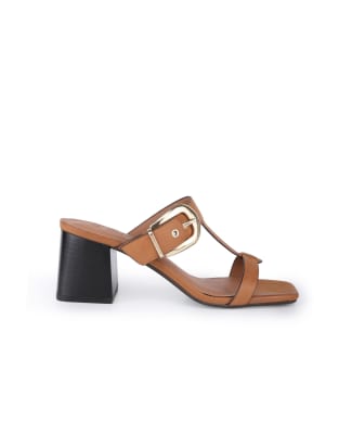  Kelsie leather t-strap buckle block heel mule sandals in tan